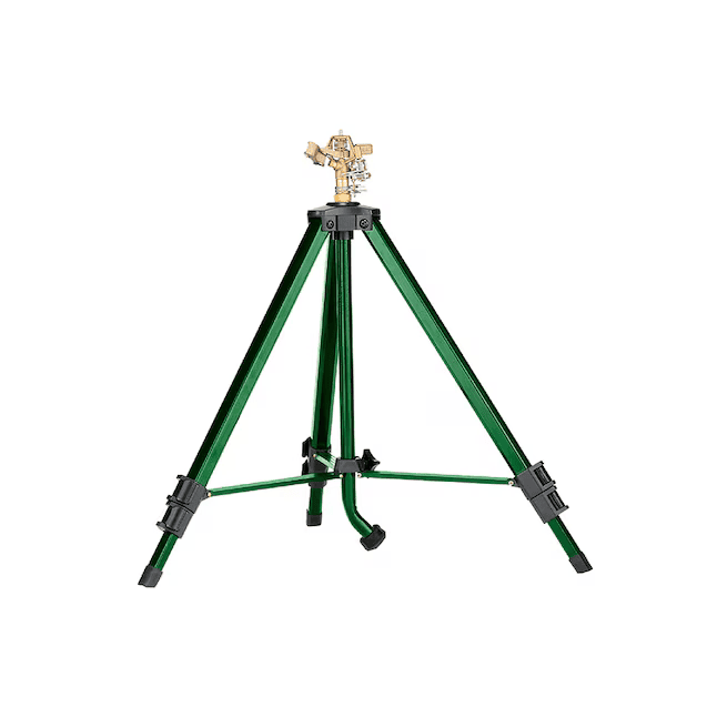 Adjustable tripod sprinkler with brass head for wide lawn and garden irrigation coverage.