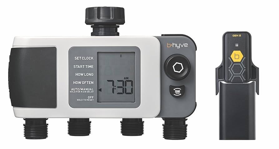Orbit B-hyve smart hose timer with digital display and Bluetooth connectivity for automated watering.