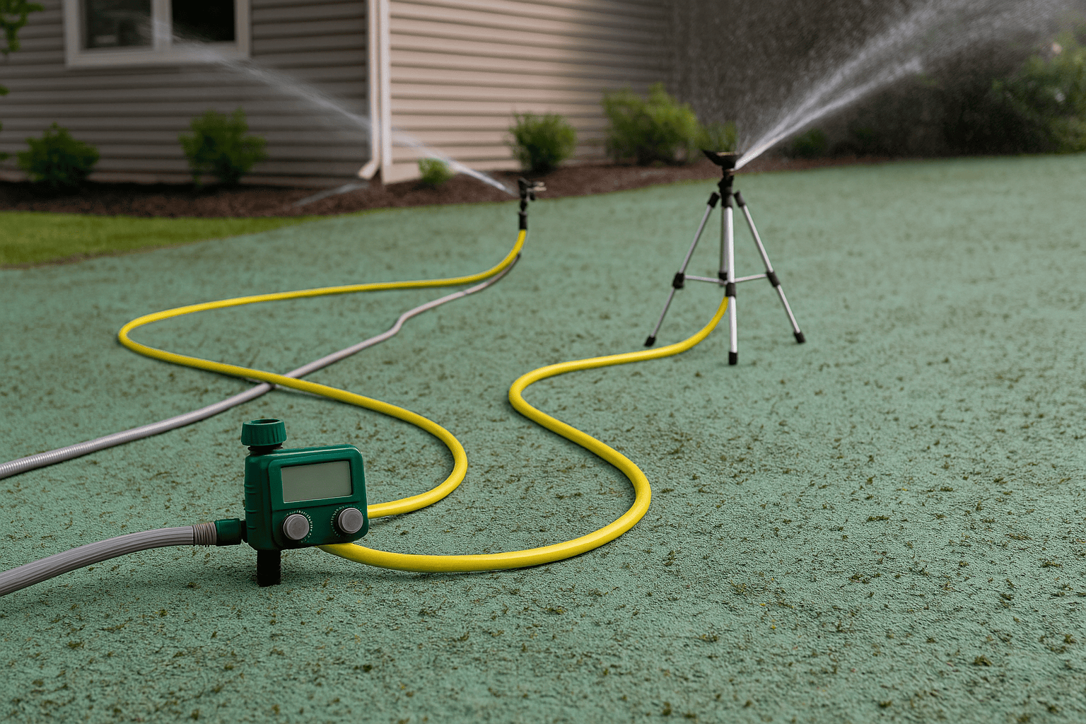 Sprinklers irrigating a freshly hydroseeded lawn with a yellow hose and digital water timer in a suburban yard.