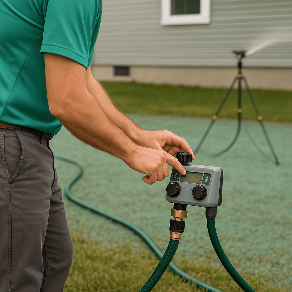 Person adjusting a digital water timer connected to a hose on a hydroseeded lawn with a tripod sprinkler.