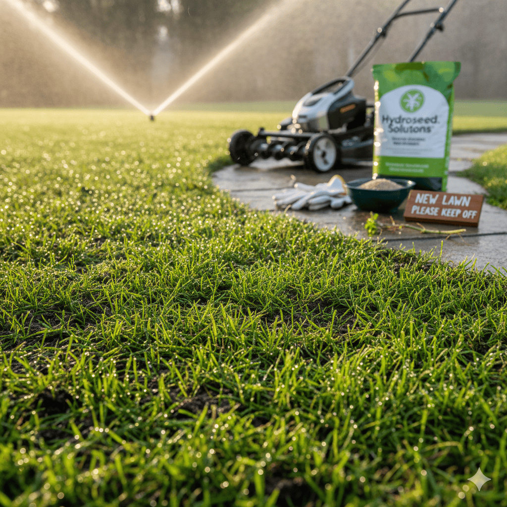 New grass sprouts glisten with dew in the morning light while a sprinkler waters the lawn. In the background sits a lawn mower, a bag of Hydroseed Solutions product, and a 'New Lawn Please Keep Off' sign.