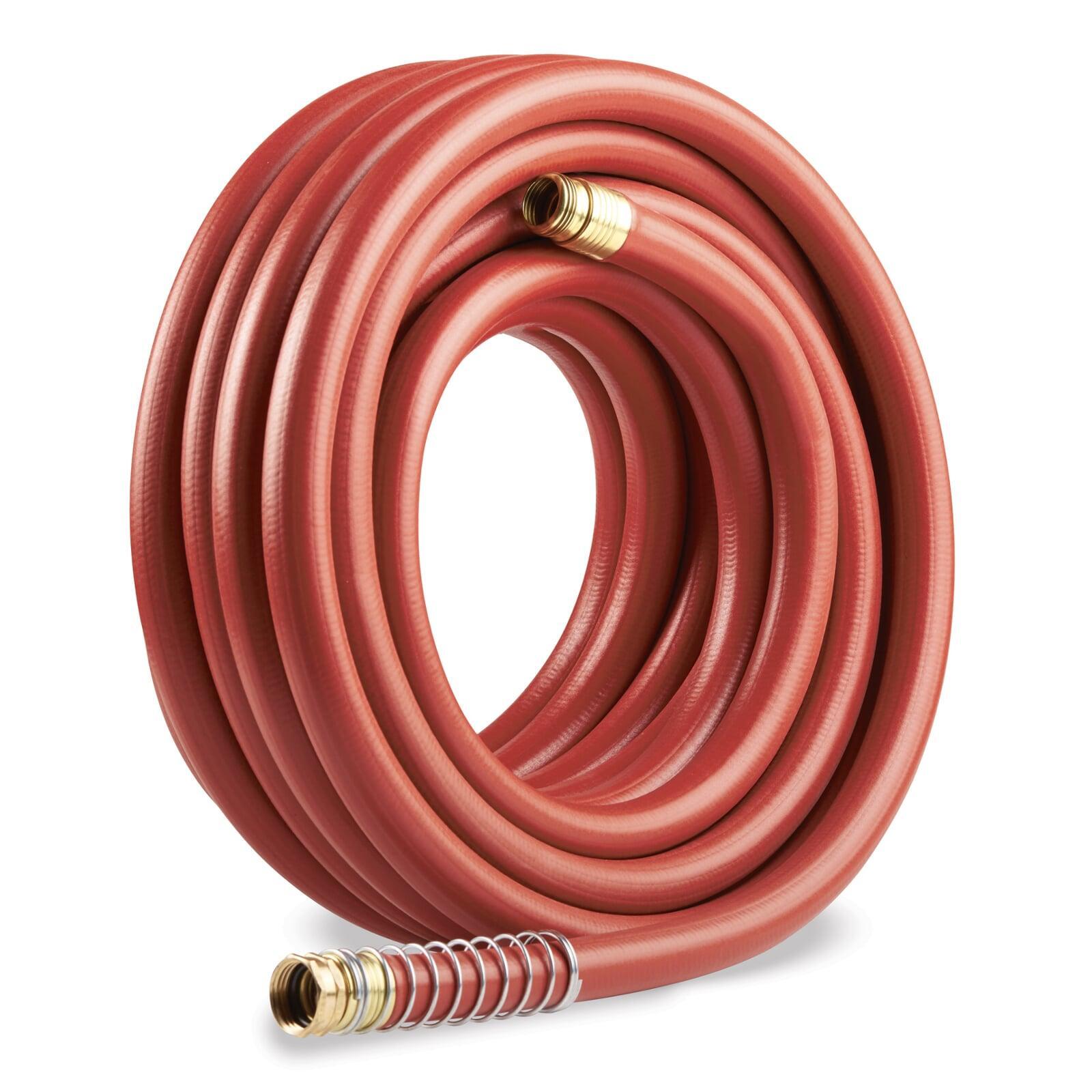 Heavy-duty red garden hose with brass fittings and anti-kink spring for durability and flexibility.